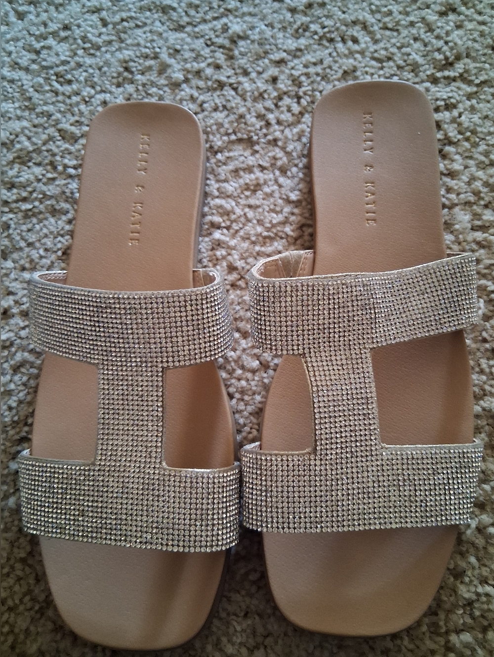 Kelly & Katie Champagne Rhinestone Double-Strap Slide Sandals - Picture 3 of 7